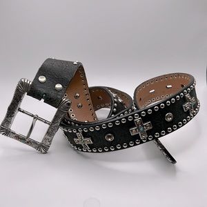 Nocona Black Leather Rhinestone Western Belt with cross design